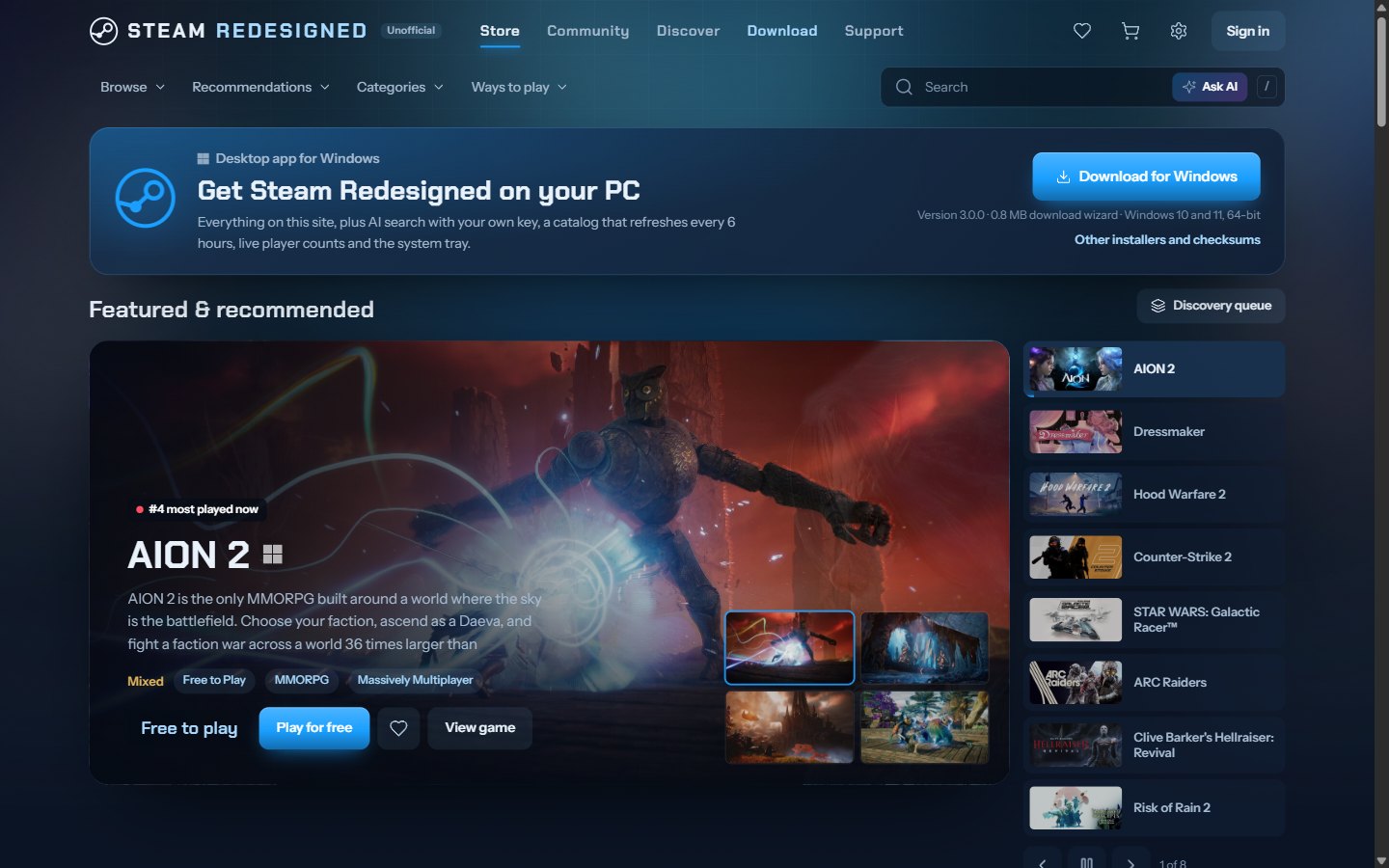 The Steam Redesigned store home page, with the featured carousel and the download band